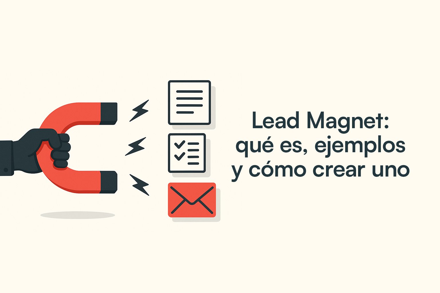 Generación de leads B2B: un imán rojo atrayendo prospectos a través de elementos como formularios, correos y listas de verificación, simbolizando la efectividad de un lead magnet en estrategias de marketing B2B.